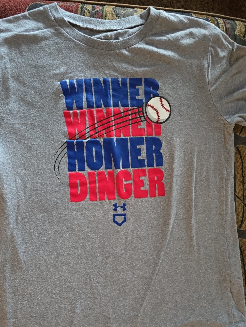 Under Armour Gray Tee with Blue and Red 'Winner Winner Homer Dinger' Graphic